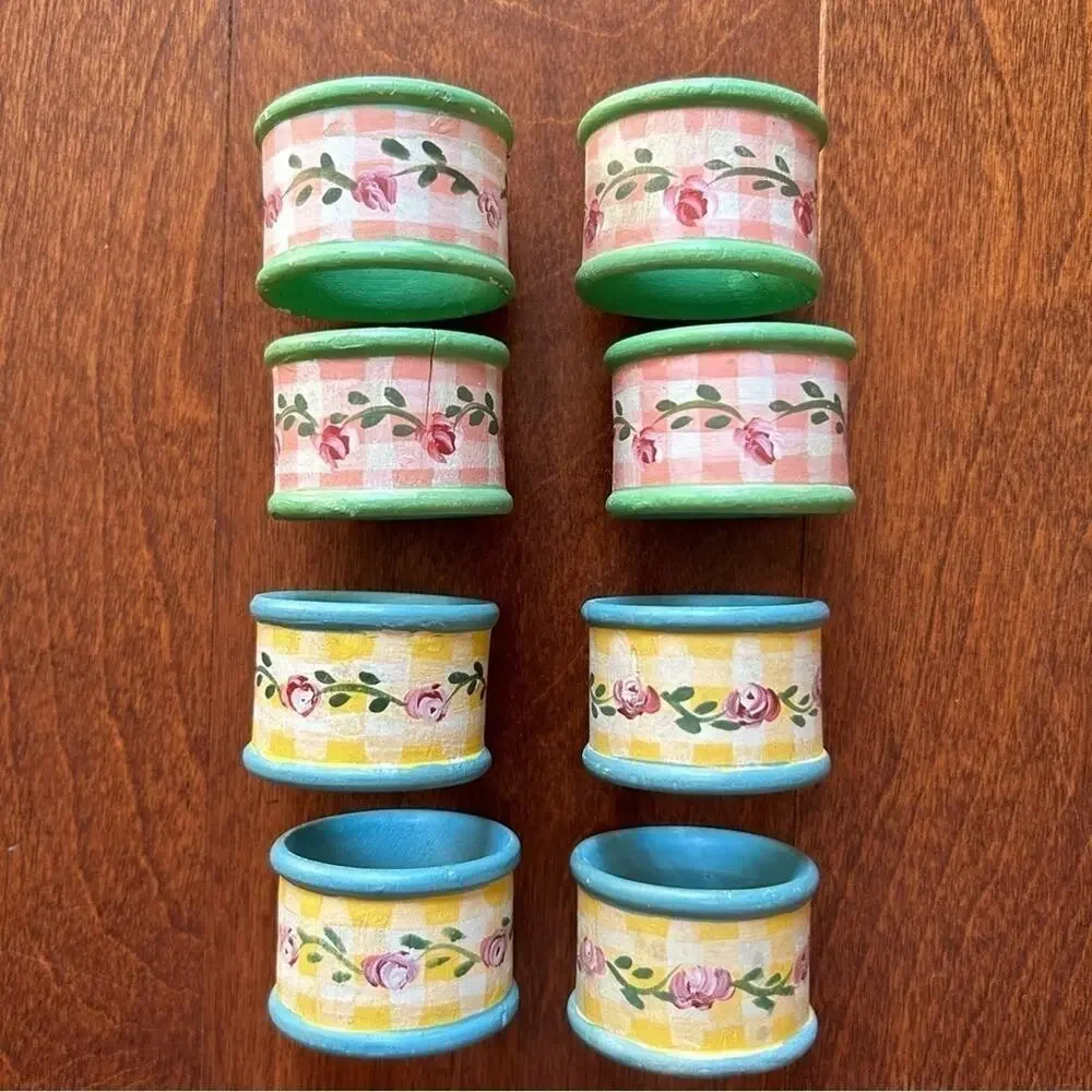 Vintage Cottagecore Hand Painted Wood Napkin Rings, Floral Paytern, Set of 8